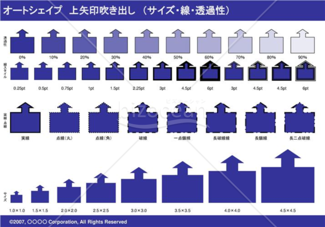 オートシェイプ　上矢印吹き出し　（サイズ・線・透過性）　（ネイビー）