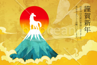 山頂から眺める馬　背景金