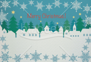 切り絵のような家と雪の結晶が並ぶクリスマスカード