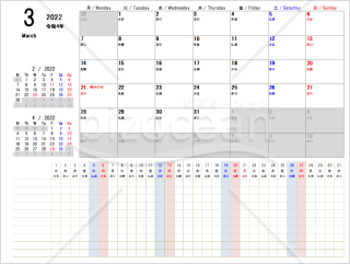 2022年3月 ガントチャート式スケジュールカレンダー02 月曜開始エクセル 無料