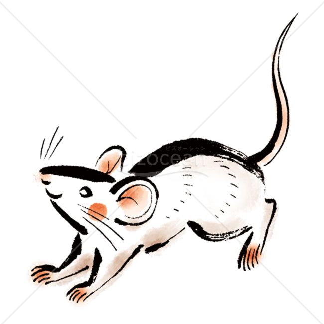 【イラスト】ニコっと笑う筆で描かれた白ネズミの和素材