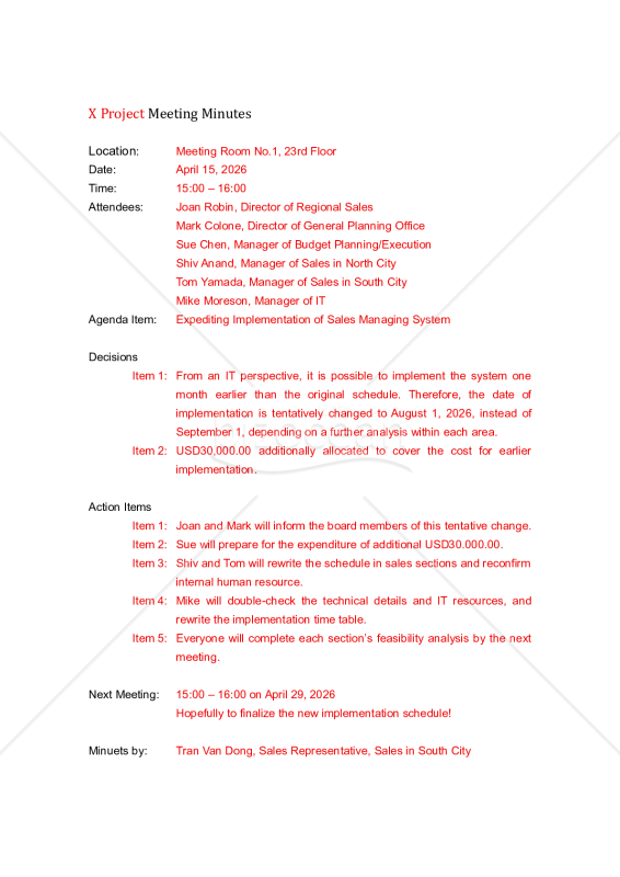 英文書式 Meeting Minutes （会議議事録）