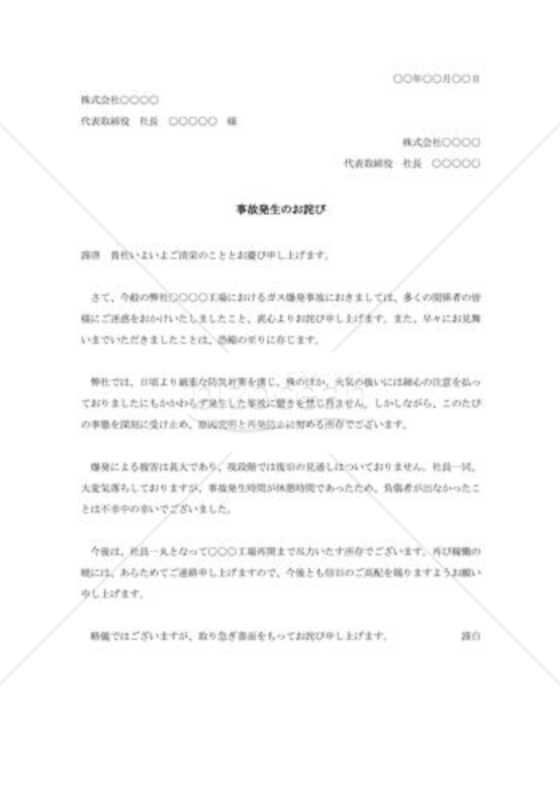 事故発生に対する詫び状