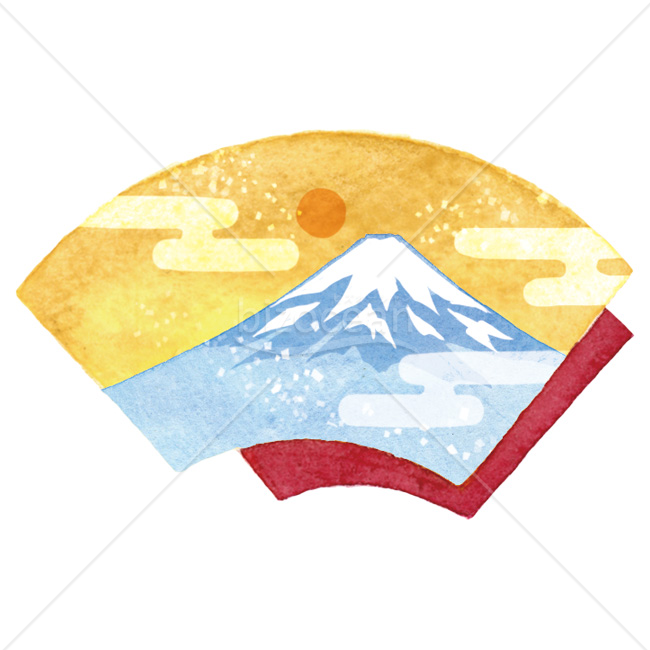 【2026年】「イラスト」水彩風の扇面に描かれた富士山と日の出