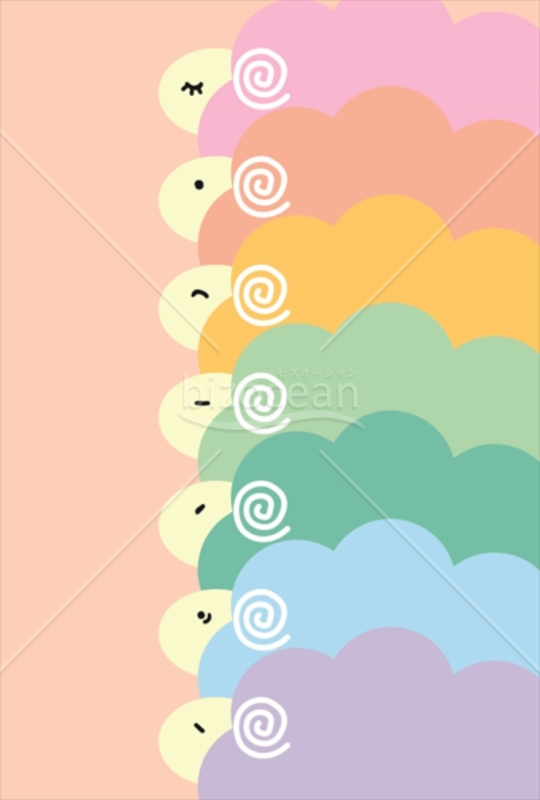 それぞれ表情の異なる七色の羊が並ぶイラスト