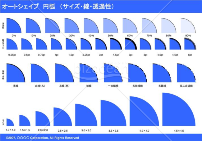 オートシェイプ　円弧　（サイズ・線・透過性）（ブルー）