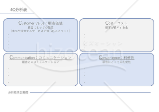 4C分析表【ブルー・グレー】（顧客価値、コストなどの4つの視点から自社を判断するための書式）・PowerPoint