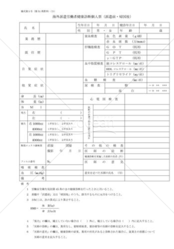 海外派遣労働者健康診断個人票（派遣前・帰国後）
