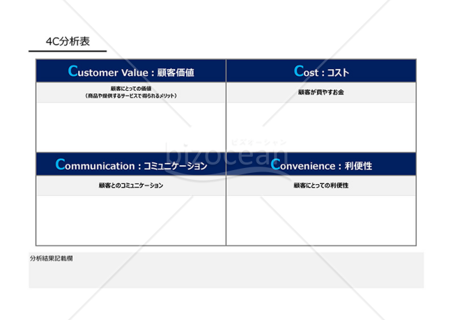 4C分析表（顧客価値、コストなどの4つの視点から自社を判断するための書式）・Excel