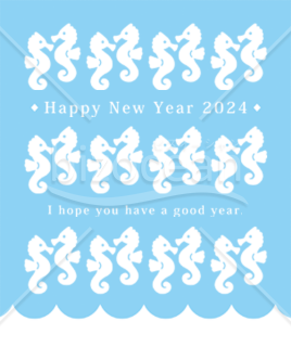 【2024年】白と水色でシンプルにまとめたタツノオトシゴの洋風年賀状（年賀状メール素材）