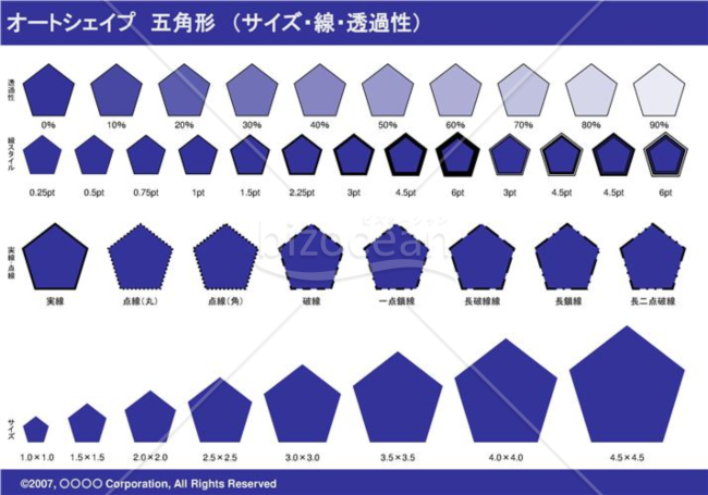 オートシェイプ　五角形　（サイズ・線・透過性）（ネイビー）