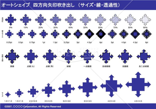オートシェイプ　四方向矢印吹き出し　（サイズ・線・透過性）　（ネイビー）