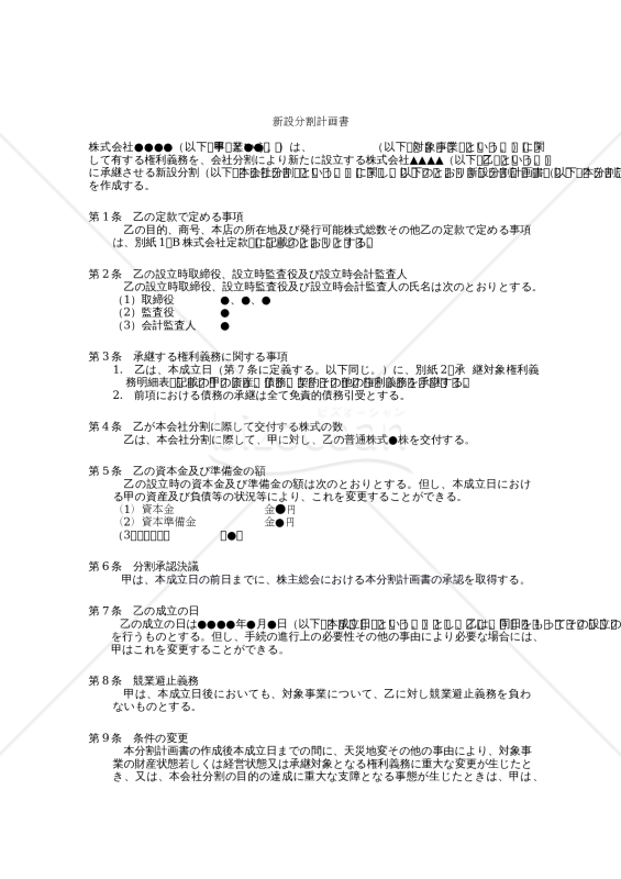 【改正会社法対応版】新設分割計画書