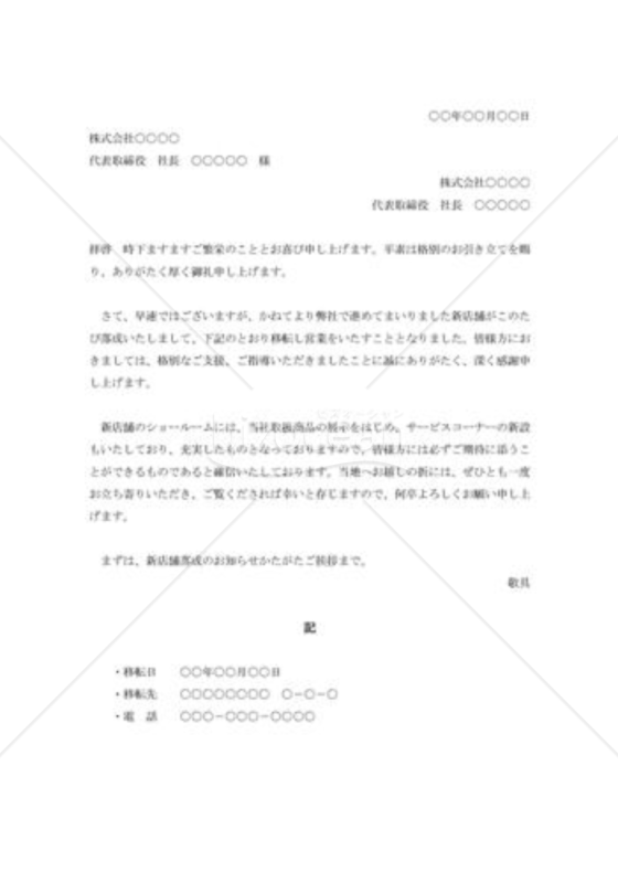 新店舗落成の挨拶状