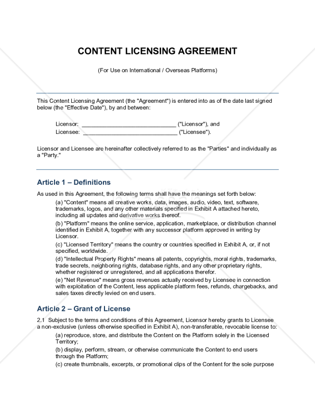〔参考和訳付〕CONTENT LICENSING AGREEMENT（コンテンツライセンス契約書）