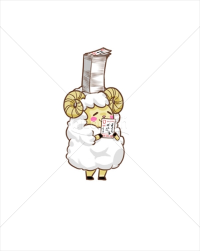 たくさんの年賀状を受け取ってごきげんな羊イラスト