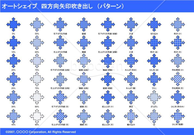 オートシェイプ　四方向矢印吹き出し　（サイズ・線・透過性）　（ブルー）