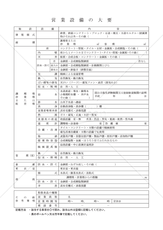 食品関係営業許可申請（営業施設の大要）