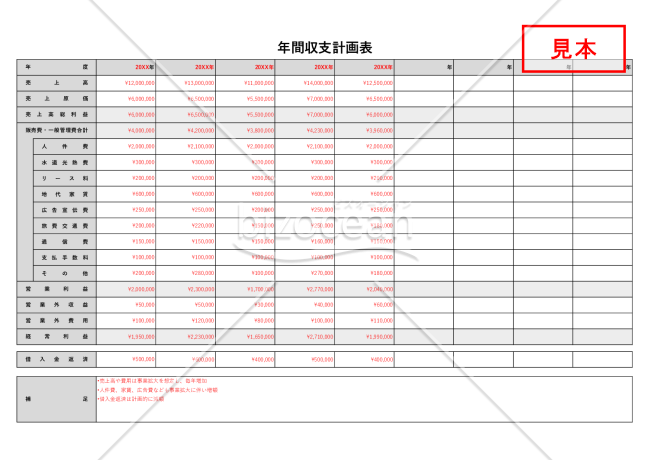 年間収支計画表（収支計画書）・Excel【見本付き】