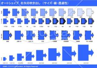 オートシェイプ　右矢印吹き出し　（サイズ・線・透過性）　（ブルー）