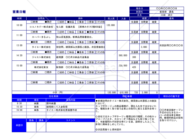 Excelで作る、表で見やすいA41枚営業日報（報告書/A4・1枚）