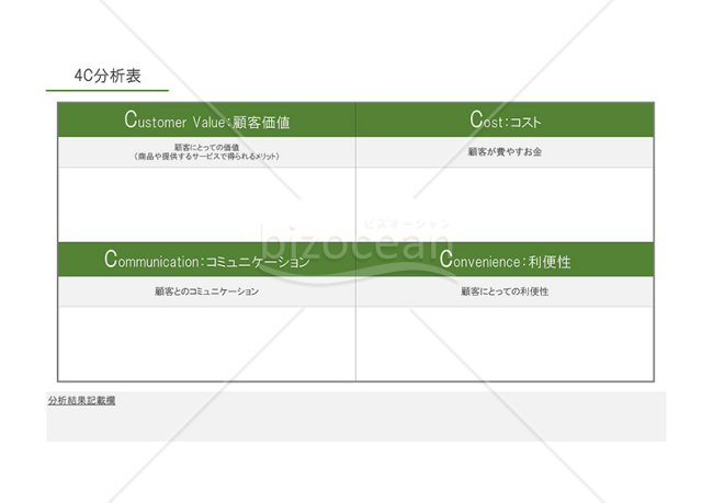 4C分析表【グリーン・グレー】（顧客価値、コストなどの4つの視点から自社を判断するための書式）・Excel
