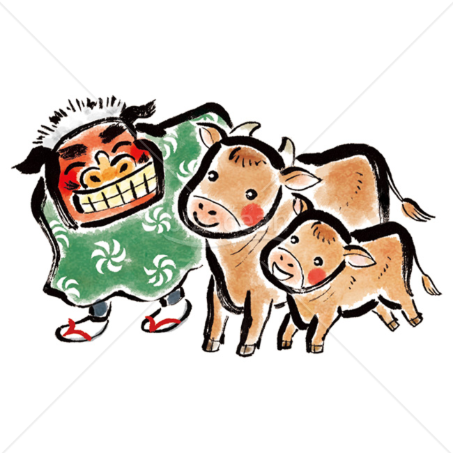 「イラスト」獅子舞とウシ