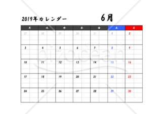 2019年カレンダー　月曜日始まり 　6月　PDF