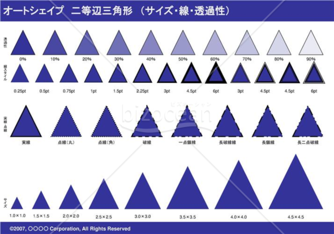 オートシェイプ　二等辺三角形　（サイズ・線・透過性）（ネイビー）