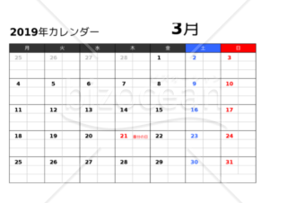 2019年カレンダー　月曜日始まり 3月　エクセル