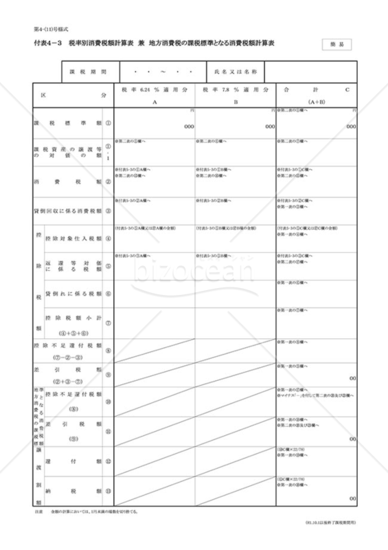 付表4－3 税率別消費税額計算表兼地方消費税の課税標準となる消費税額計算表