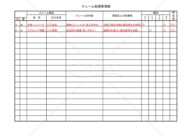 クレーム処理管理表【見本付き】