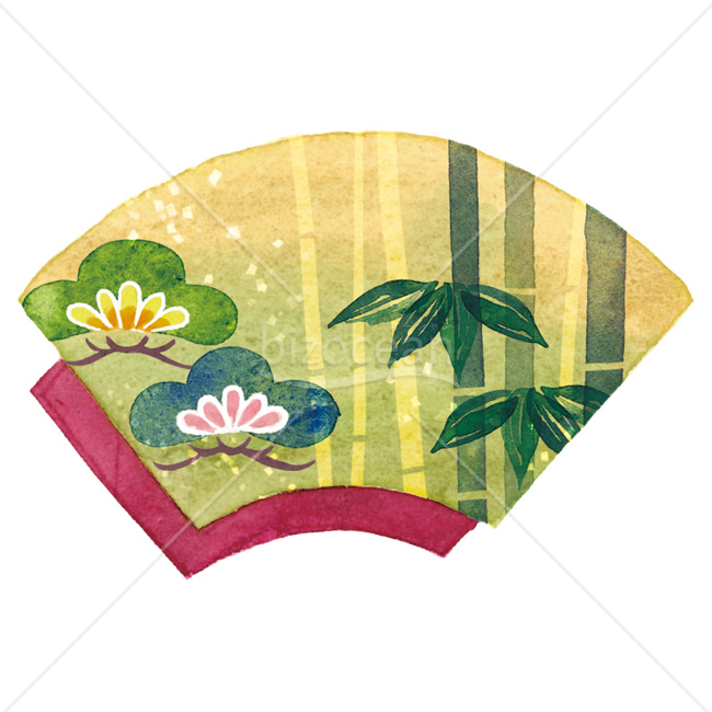 【2026年】「イラスト」水彩風の扇面に描かれた松と竹