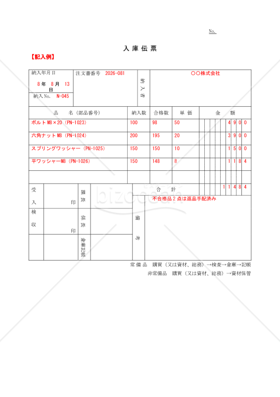 入庫伝票【見本付き】