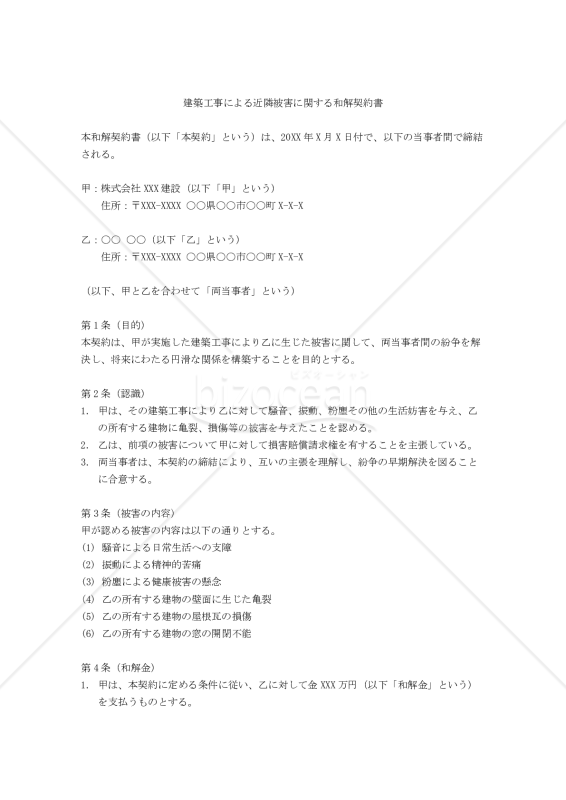 建築工事による近隣被害に関する和解契約書