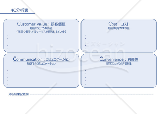 4C分析表【ブルー】（顧客価値、コストなどの4つの視点から自社を判断するための書式）・PowerPoint