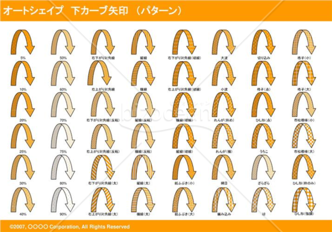 オートシェイプ　下カーブ矢印　（パターン）　（オレンジ）