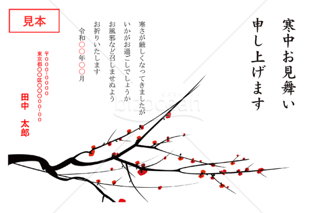 梅の花が白地に映える寒中見舞いはがき【PDF】