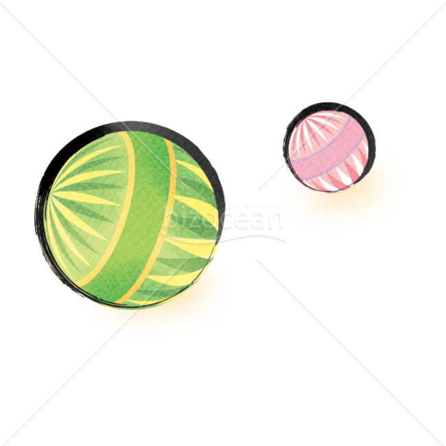 【イラスト】緑とピンクの鞠の筆タッチ素材