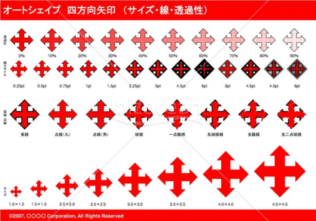 オートシェイプ　四方向矢印　（サイズ・線・透過性）（レッド）