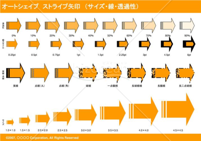 オートシェイプ　ストライプ矢印　（サイズ・線・透過性）　（オレンジ）