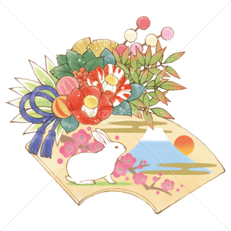 「イラスト」扇に描かれたウサギと富士山