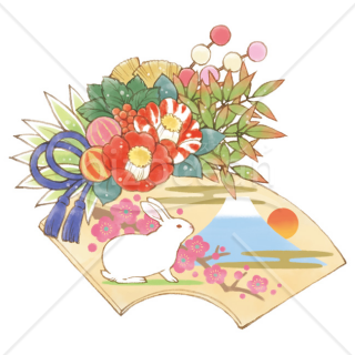 「イラスト」扇に描かれたウサギと富士山