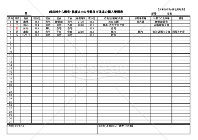責任ある行動を！月単位行動日誌（体温記録表付き）