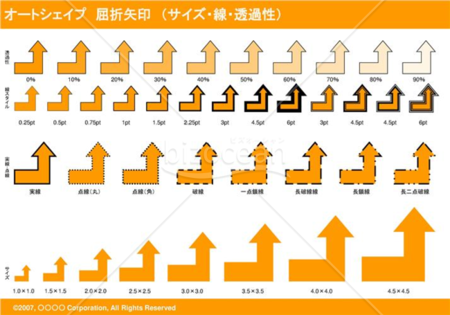オートシェイプ　屈折矢印　（サイズ・線・透過性）（オレンジ）