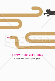 【2025年】巳と猫のシンプルなイラストが可愛らしい洋風年賀状【PDF】