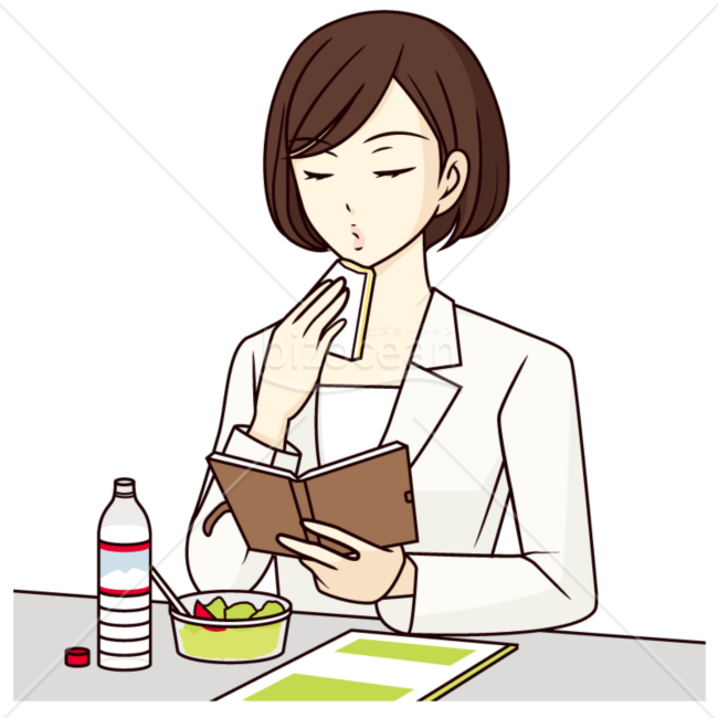 デスクで食事している女性のイラスト