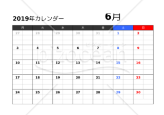 2019年カレンダー　月曜日始まり　6月　エクセル