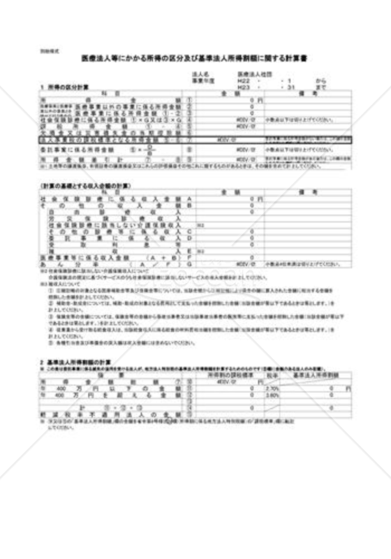 医療法人にかかる所得区分計算書