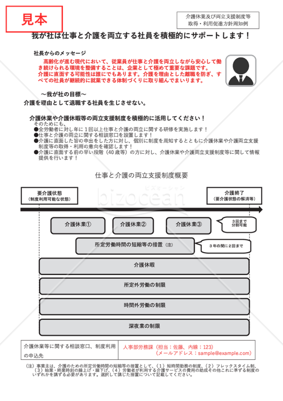 【令和7年4月1日施行 改正法対応】〔介護〕介護休業制度及び両立支援制度等取得・利用促進方針周知例【例文付き】